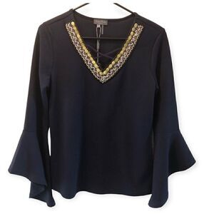 Essentials Sz S NWT Navy Blue Yellow Flared Sleeve Party Beaded Neckline Top